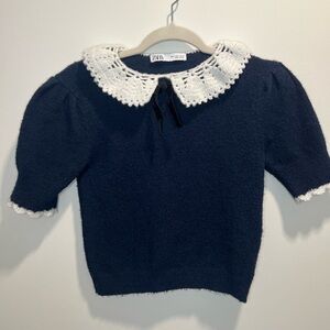 ZARA Navy Knit Sweater with Crochet Lace Collar | Size S